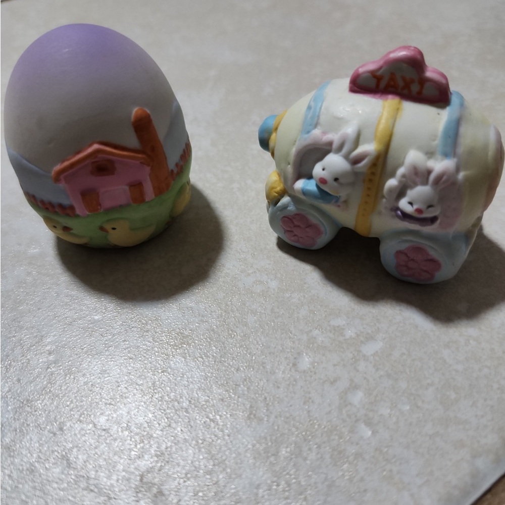 Easter Bunny Village Figurine Egg-Shaped Taxi 2" Tall & ceramic Easter egg.